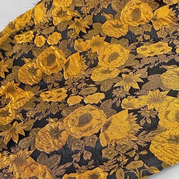 Lomes Yellow Black Floral Flower Printed Jacquard Chenille Fabric