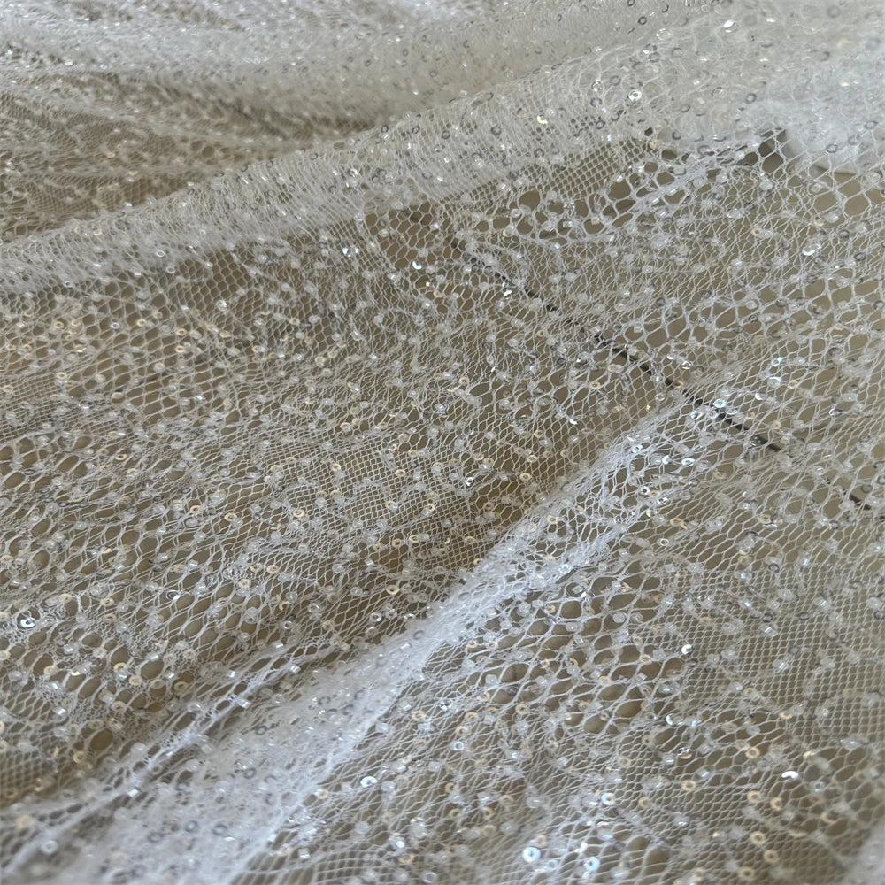 5 YARDS / 1 COLOR / BOANERGES Sequin Beaded Embroidery Glitter Mesh Dress Lace Fabric