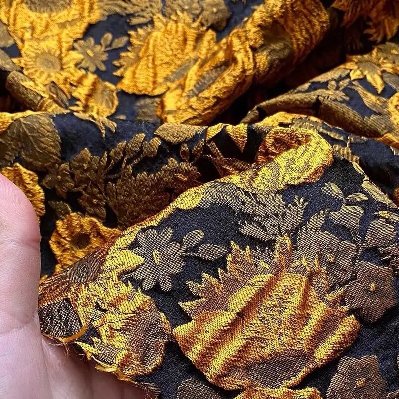 Lomes Yellow Black Floral Flower Printed Jacquard Chenille Fabric