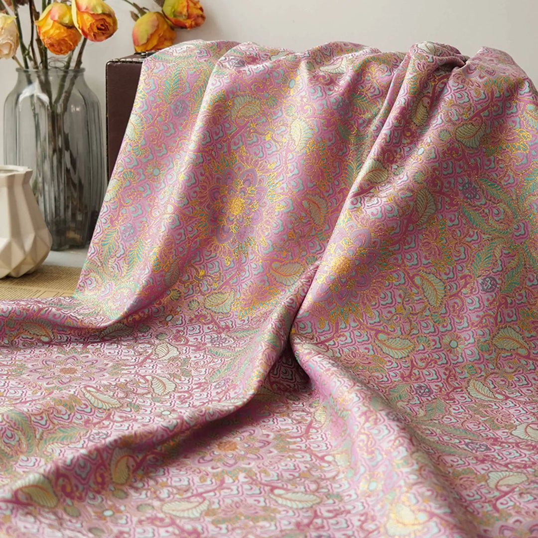 Maesel Ethnic Style Pink Gold Flower Jacquard Fabric