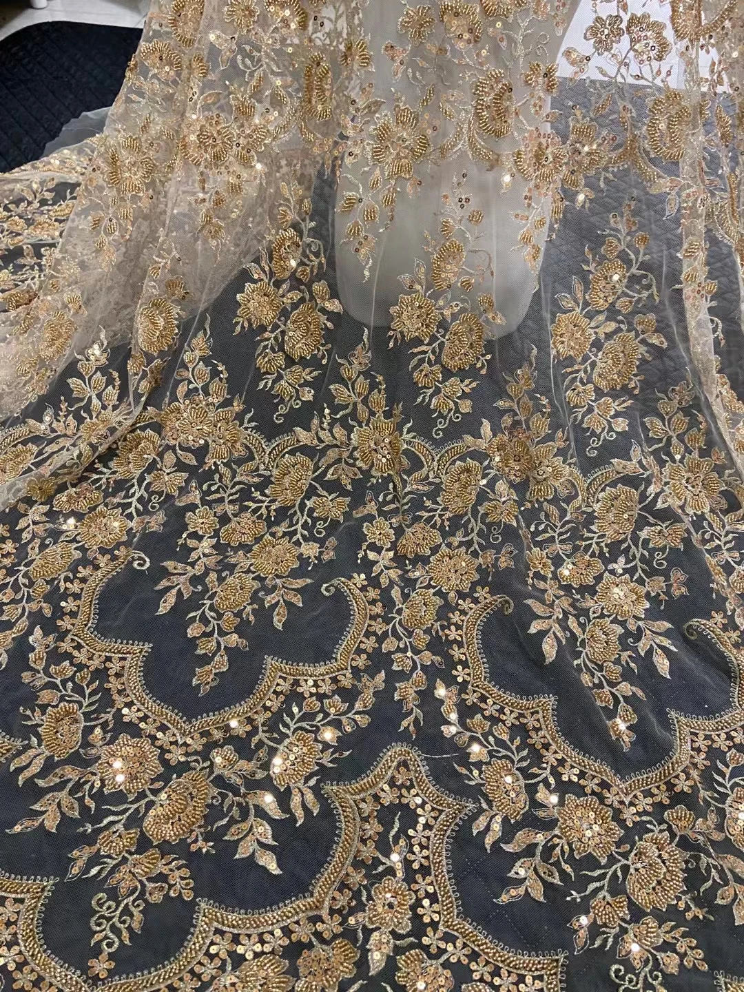 5 YARDS / Biomina Gold Regal Sequin Beaded Embroidery Tulle Mesh Lace Dress Fabric