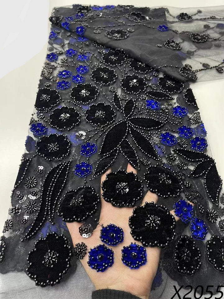 5 YARDS / 9 COLORS / Aurelia Black Floral Beaded Embroidery Bridal Mesh Lace Fabric