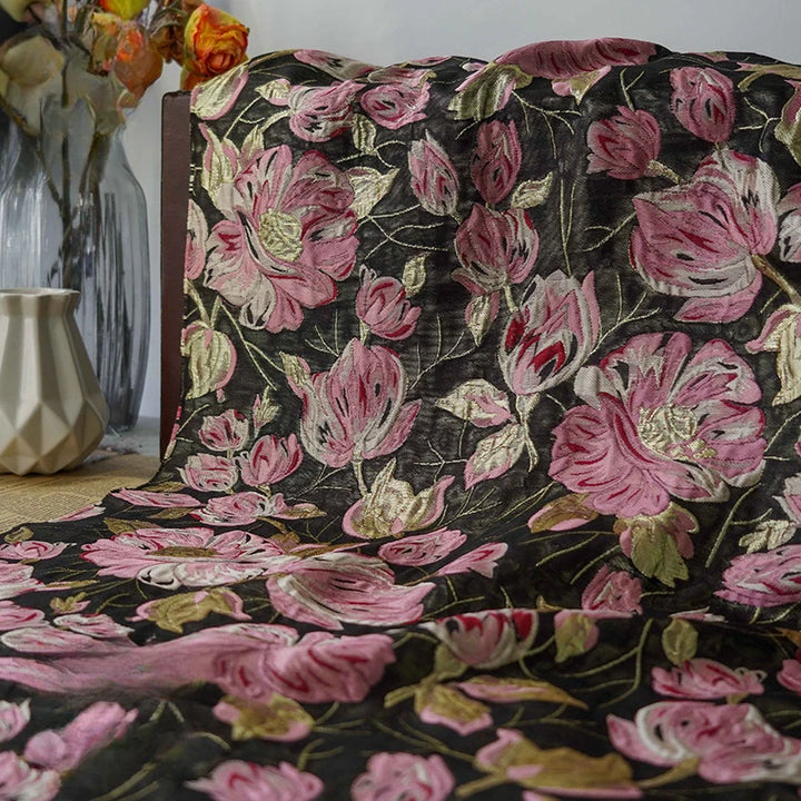 Retro Gold Silk Flower Yarn Dyed Jacquard Fabric