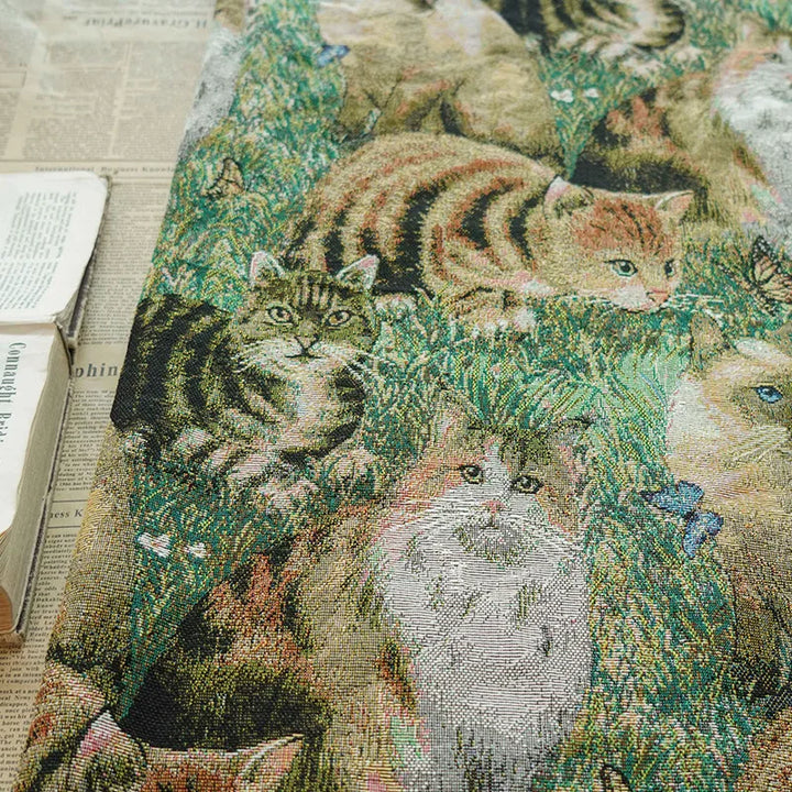 Cat in Garden Woven Chenille Fabric
