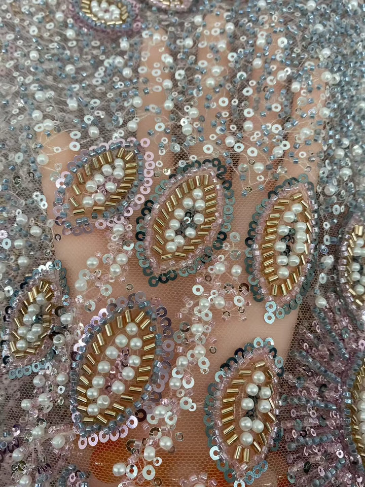 5 YARDS / 16 COLORS / Tomekate Floral Sequin Beaded Embroidery Tulle Mesh Lace Dress Fabric