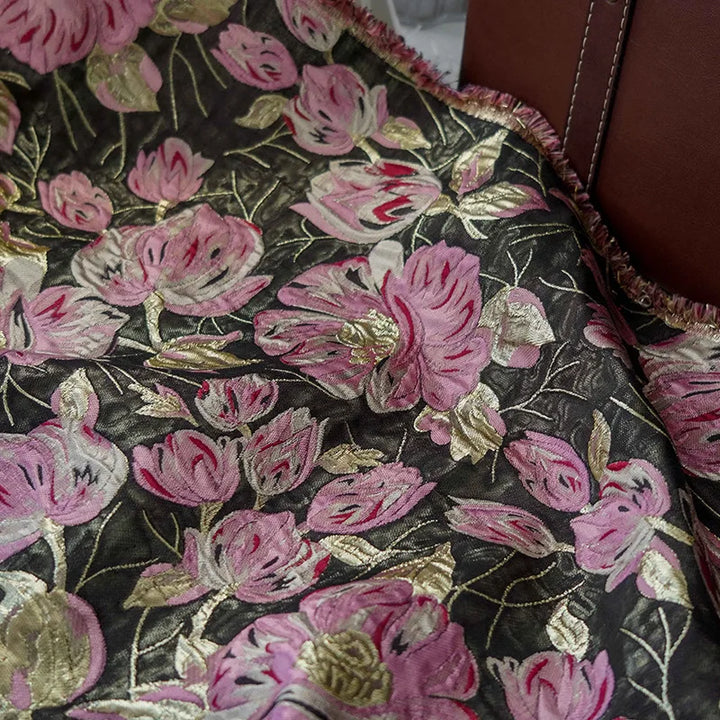 Retro Gold Silk Flower Yarn Dyed Jacquard Fabric