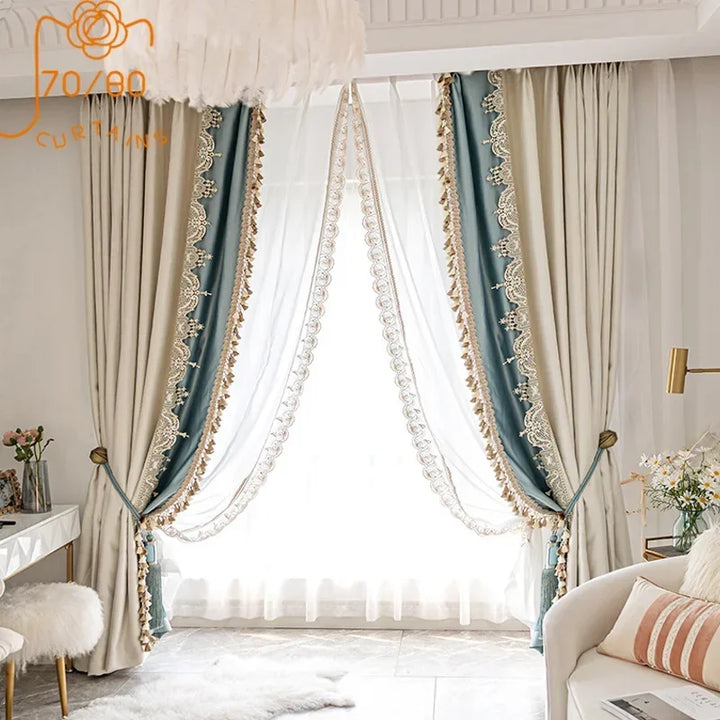 French Luxury Imitation Luster American Luxury Stitching Lace Curtains Blackout Curtains for Living Room Bedroom  Curtains