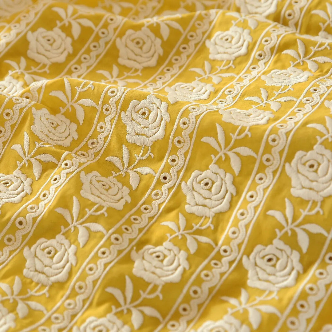 Rose Yellow Beige Cotton Multicolor Floral Embroidery Fabric