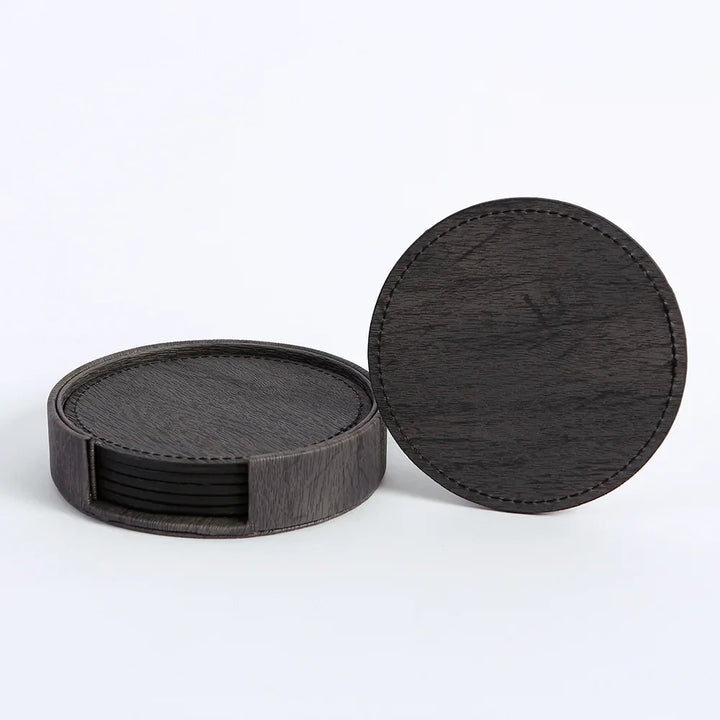 6 Wood Grain Leather Coaster Set