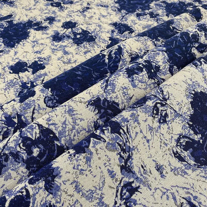 Tessuto in ciniglia jacquard stampato a fiori floreali blu beige MALIBAU