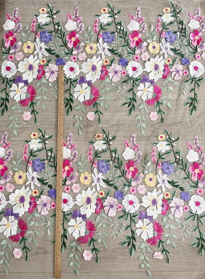 5 Yards / Nerisse Multicolor Flowers Tulle Lace Fabric