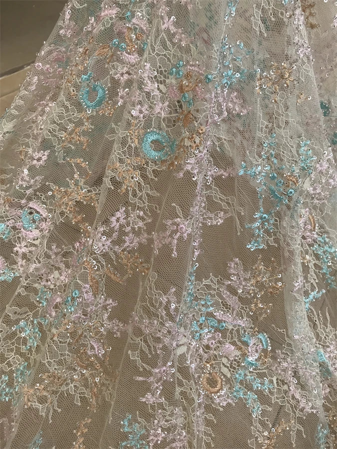 5 YARDS / Calomane Sequin Beaded Embroidery Tulle Mesh Lace Dress Fabric