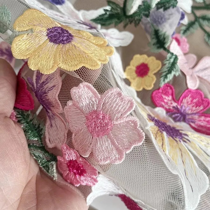 5 Yards / Nerisse Multicolor Flowers Tulle Lace Fabric