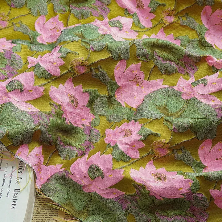 Gillain Pink Green Lotus Jacquard Fabric