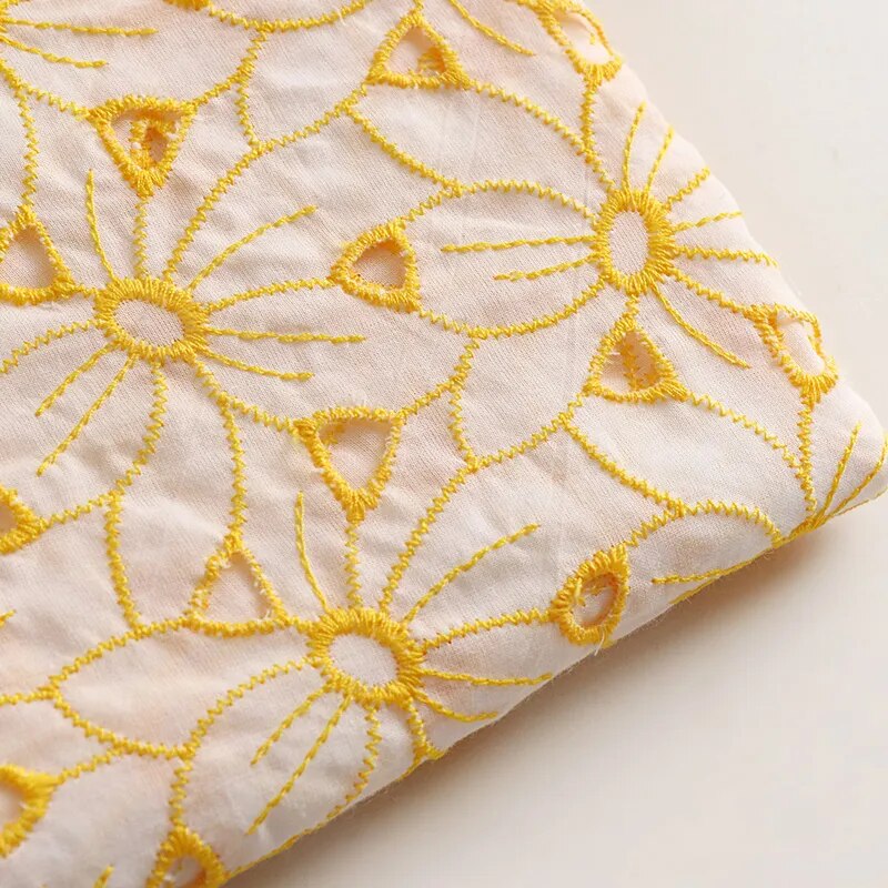 Yellow Beige Cotton Linen Multicolor Floral Embroidery Fabric