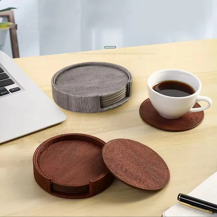 6 Wood Grain Leather Coaster Set