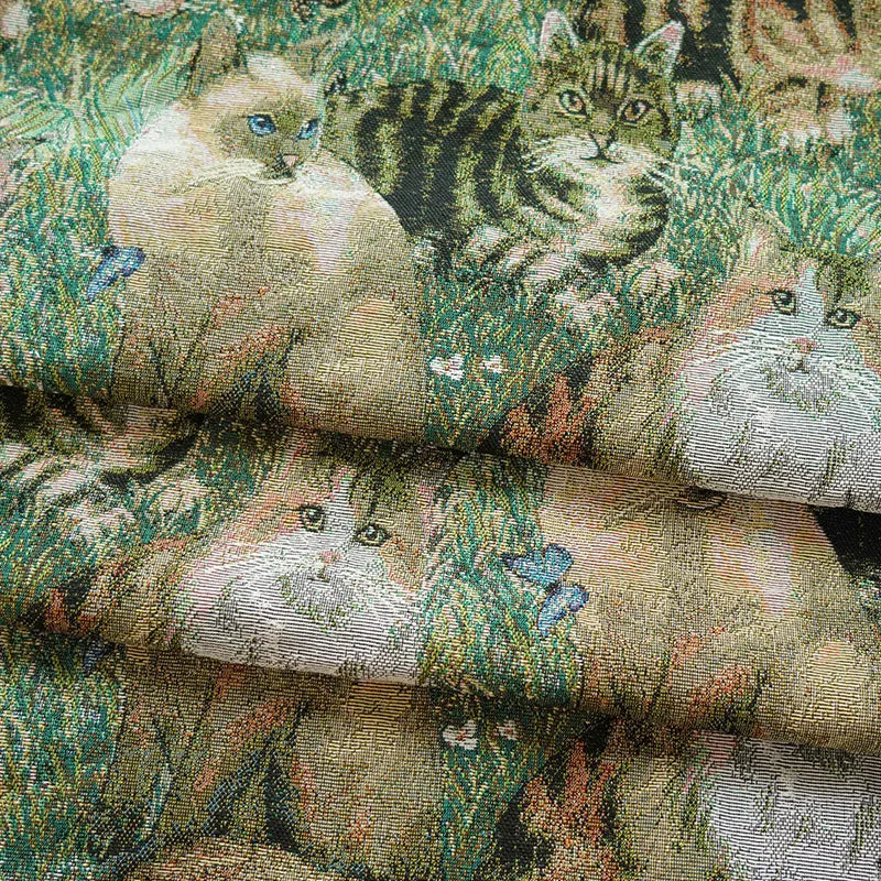 Cat in Garden Woven Chenille Fabric