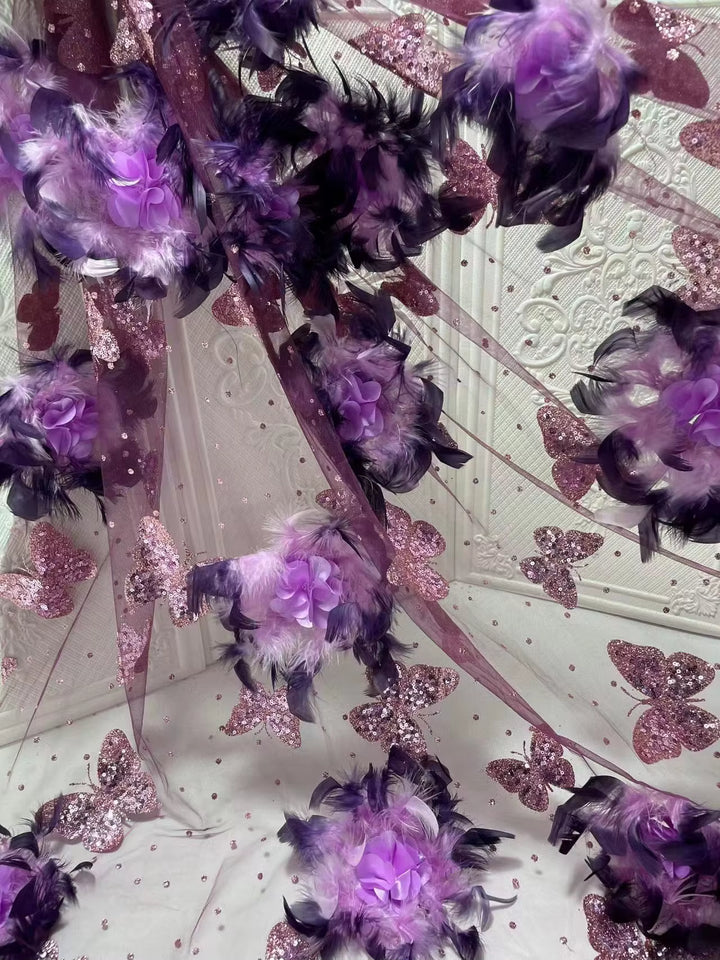 5 YARDS / 6 COLORS / Audrey Flower Fur Glitter Sequin Beaded Embroidery Tulle Mesh Lace Party Prom Bridal Dress Fabric