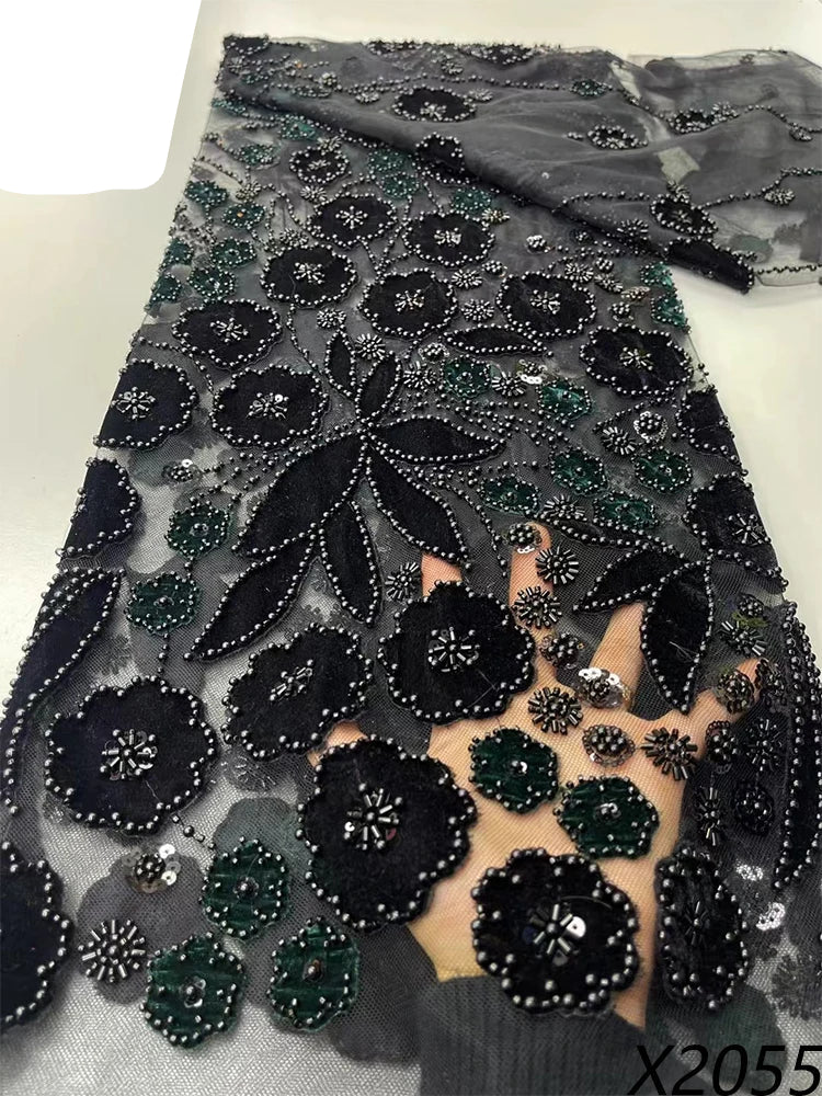 5 YARDS / 9 COLORS / Aurelia Black Floral Beaded Embroidery Bridal Mesh Lace Fabric