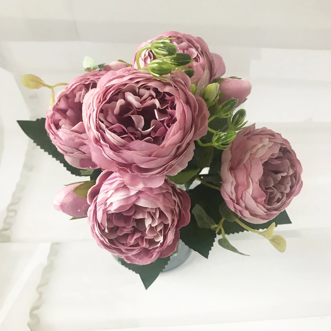 30cm 5 Head Rose Pink Silk Peony Artificial Flowers Bouquet