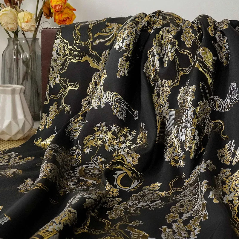 Caterine Gold Silk Dragon Tiger Pattern Jacquard Fabric