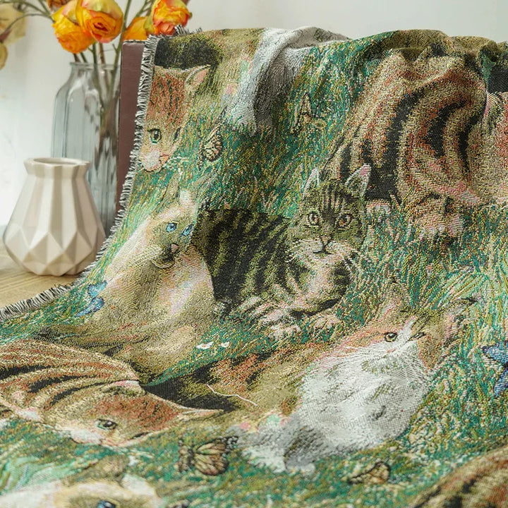 Cat in Garden Woven Chenille Fabric