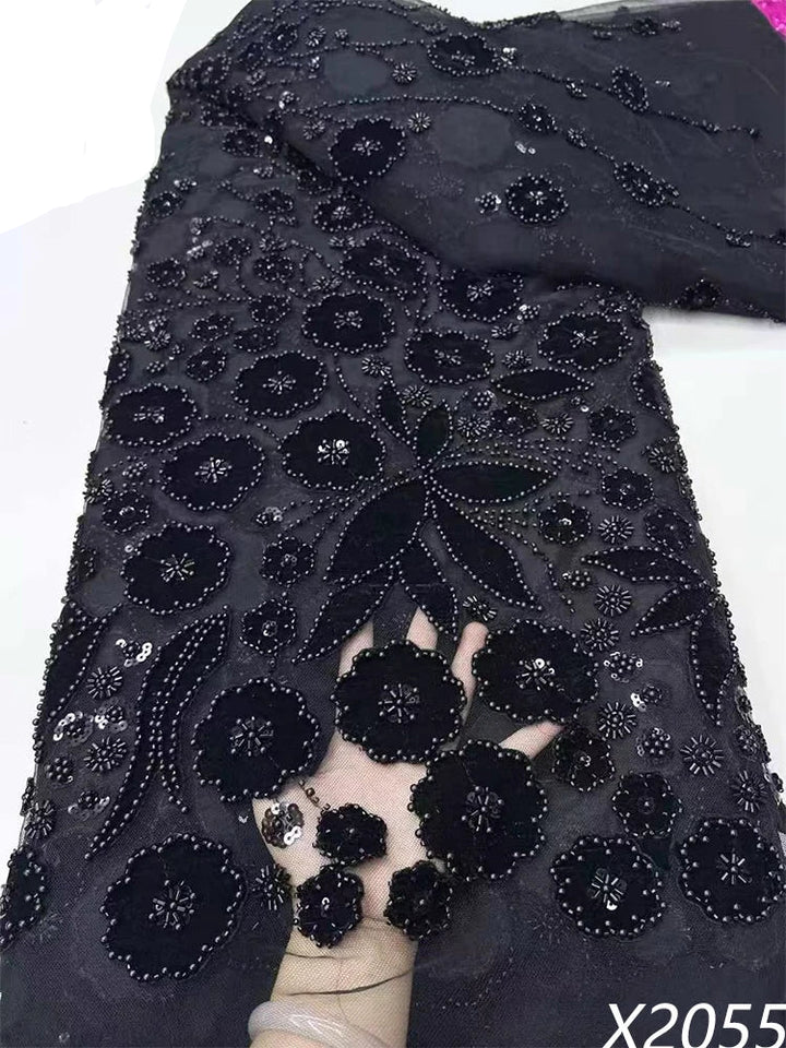 5 YARDS / 9 COLORS / Aurelia Black Floral Beaded Embroidery Bridal Mesh Lace Fabric