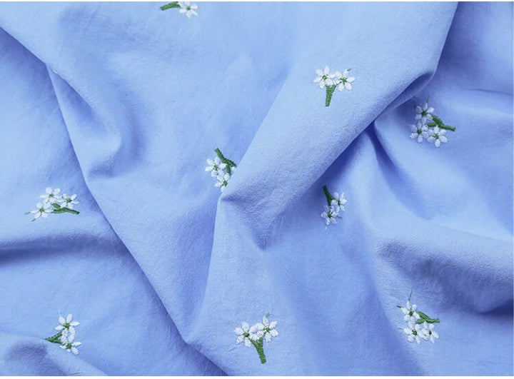 Blue Cotton Multicolor Floral Embroidery Fabric