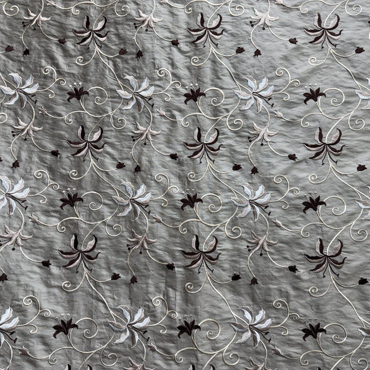 Zephirelle Floral Embroidered Silk Fabric in Pewter
