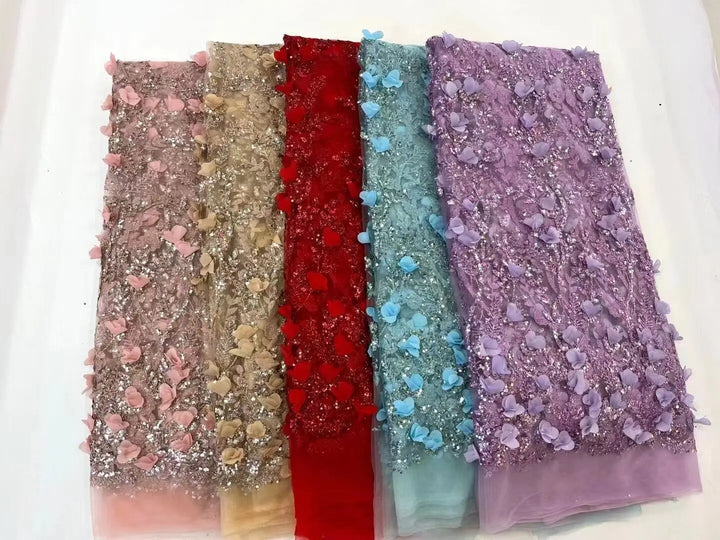 5 YARDS / 5 COLORS / Vailsole Floral Sequin Beaded Embroidery Tulle Mesh Lace Dress Fabric