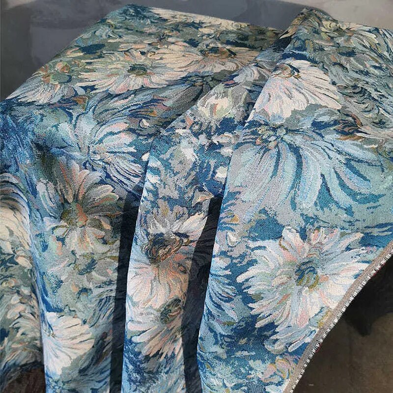 Milsha Vintage Blue Large Floral Flower Printed Jacquard Chenille Fabric