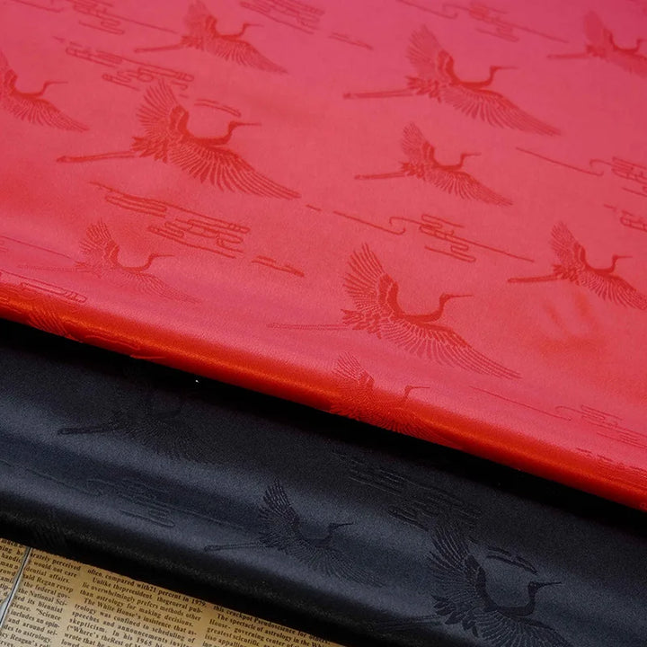 Sorisam Black Red Crane Soft Satin Fabric