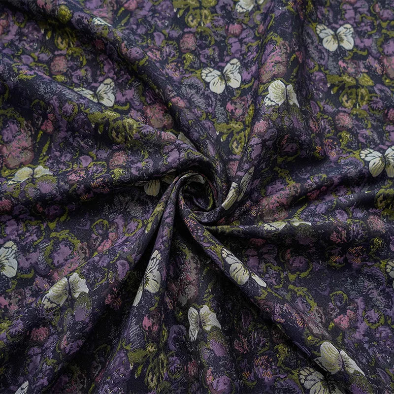 Mertens Textured Black Purple Butterfly Thick Yarn Dyed Jacquard Fabric