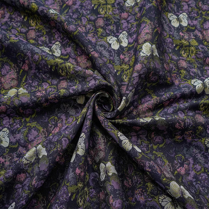 Mertens Textured Black Purple Butterfly Thick Yarn Dyed Jacquard Fabric