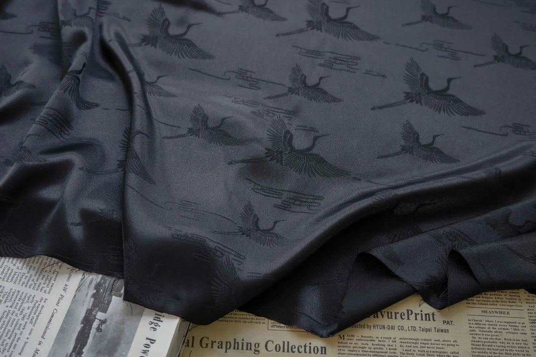 Sorisam Black Red Crane Soft Satin Fabric