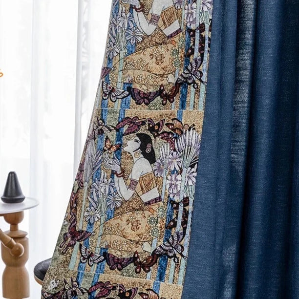 Blue Ethnic Figures Cotton Linen Custom-Made Drapery