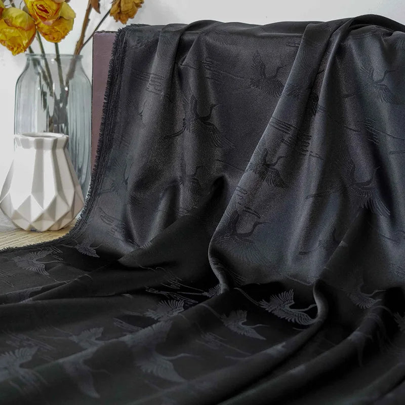Sorisam Black Red Crane Soft Satin Fabric