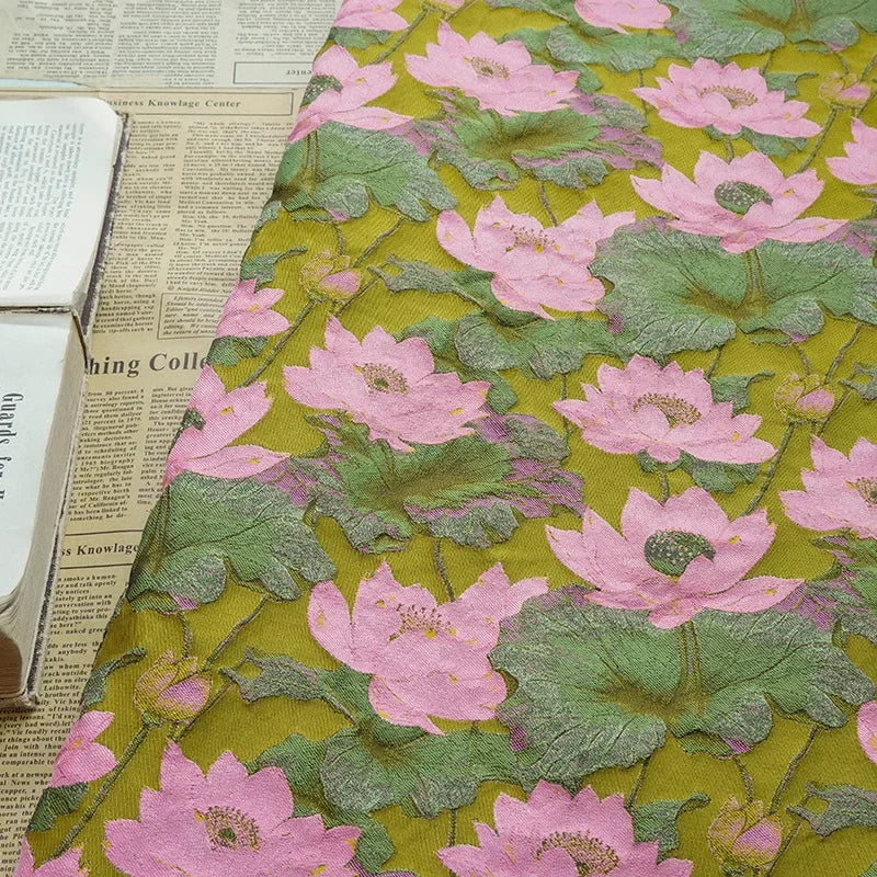Gillain Pink Green Lotus Jacquard Fabric