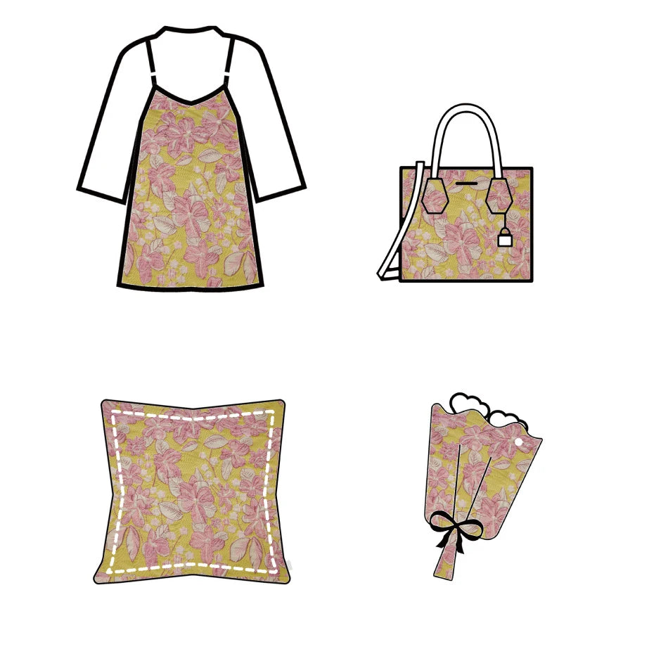 Jumnoi Bright Yellow Pink Flower Jacquard Brocade Fabric