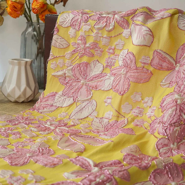 Jumnoi Bright Yellow Pink Flower Jacquard Brocade Fabric