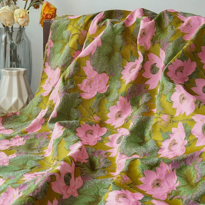 Gillain Pink Green Lotus Jacquard Fabric