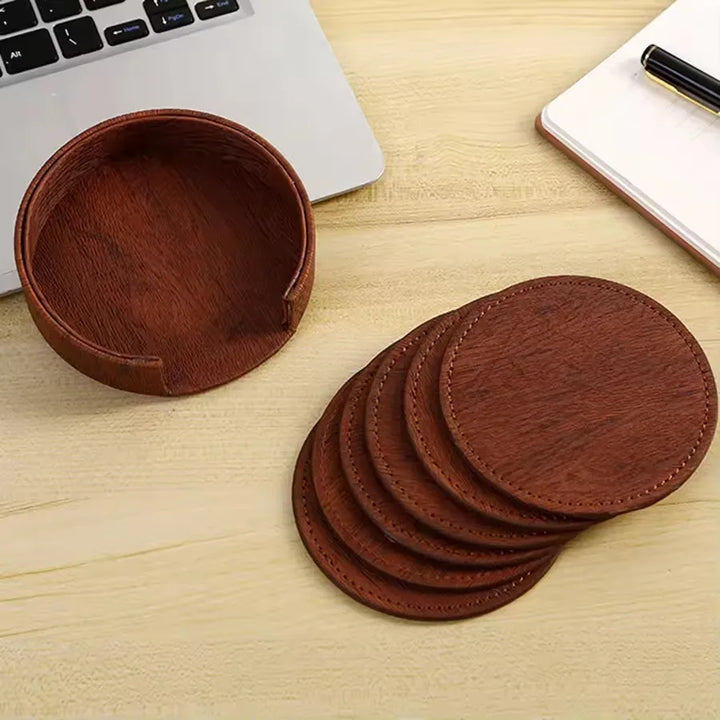 6 Wood Grain Leather Coaster Set
