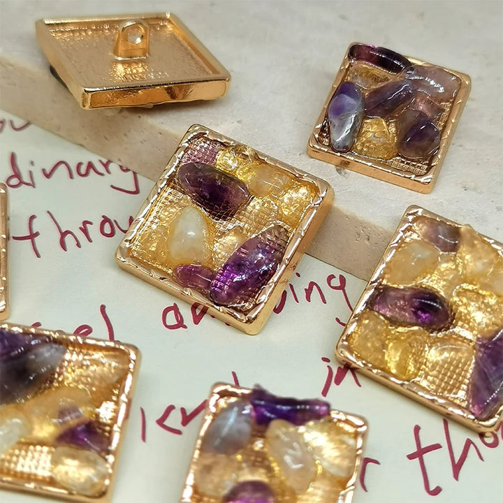 Saoma Natural Stone Square Metal Button - 6 PC