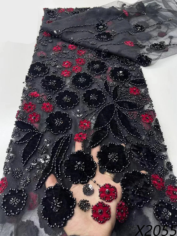 5 YARDS / 9 COLORS / Aurelia Black Floral Beaded Embroidery Bridal Mesh Lace Fabric