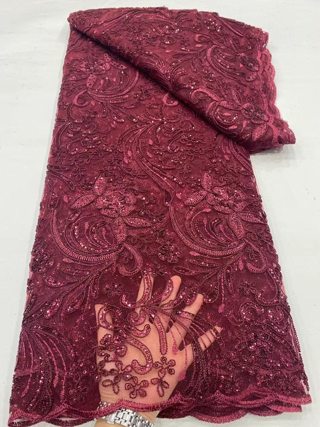 5 METRI / 8 COLORI / Tessuto per abiti da cerimonia nuziale in pizzo scintillante con paillettes ricamate e perline Mathéo
