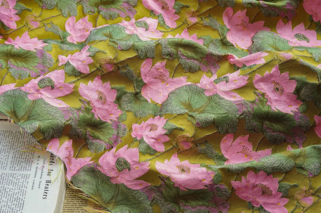 Gillain Pink Green Lotus Jacquard Fabric