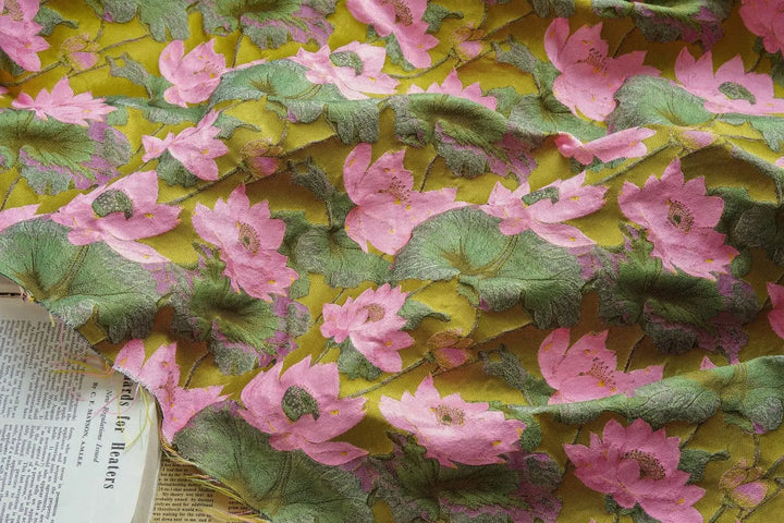 Gillain Pink Green Lotus Jacquard Fabric