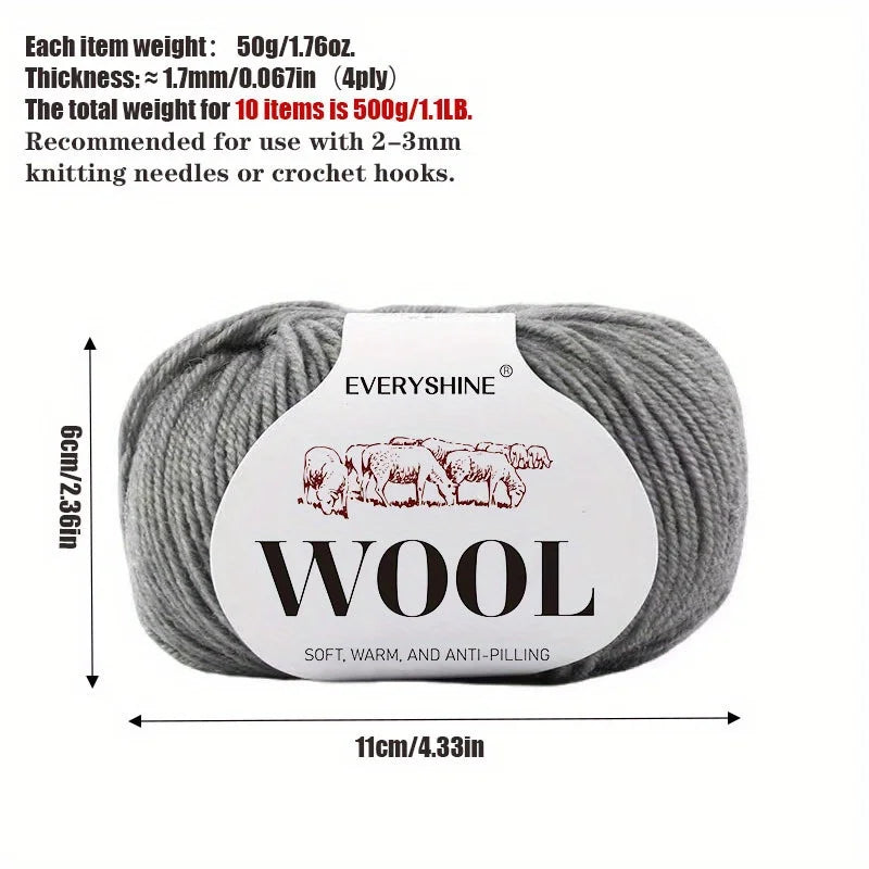 10-Pack Wool Blend Yarn Medium-Fine 80% Wool 20% Polyester