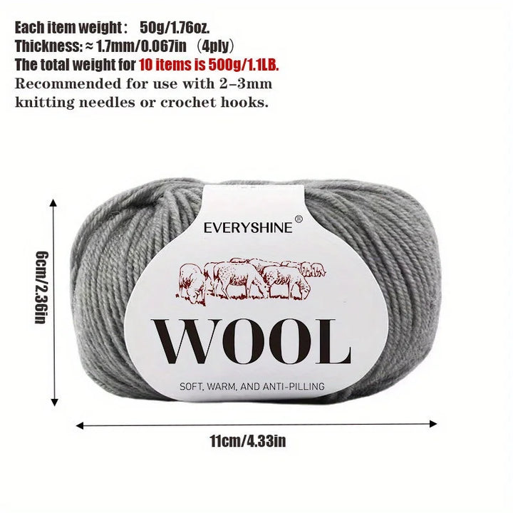 10-Pack Wool Blend Yarn Medium-Fine 80% Wool 20% Polyester