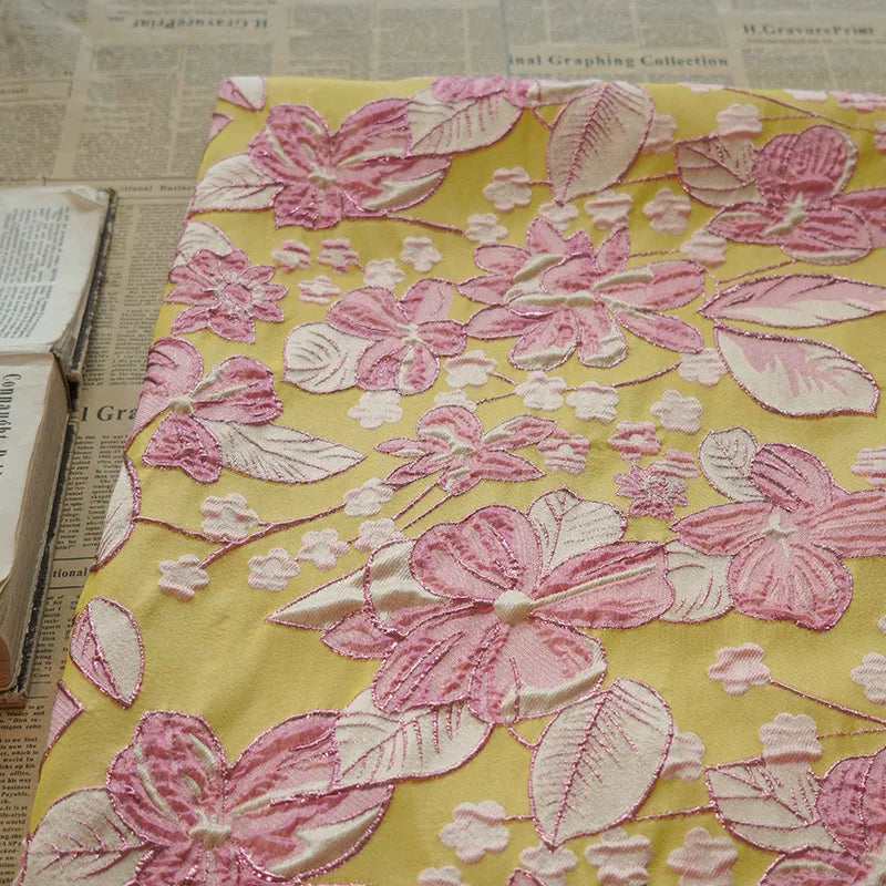 Jumnoi Bright Yellow Pink Flower Jacquard Brocade Fabric